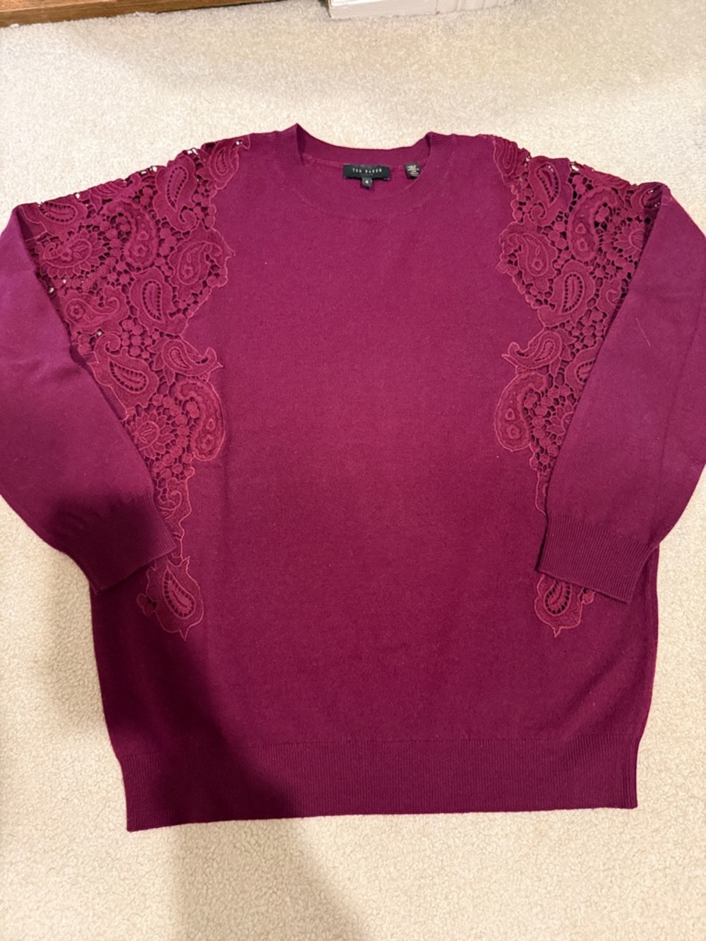 Ted Baker Lace-Trim Crew Sweater in Burgundy